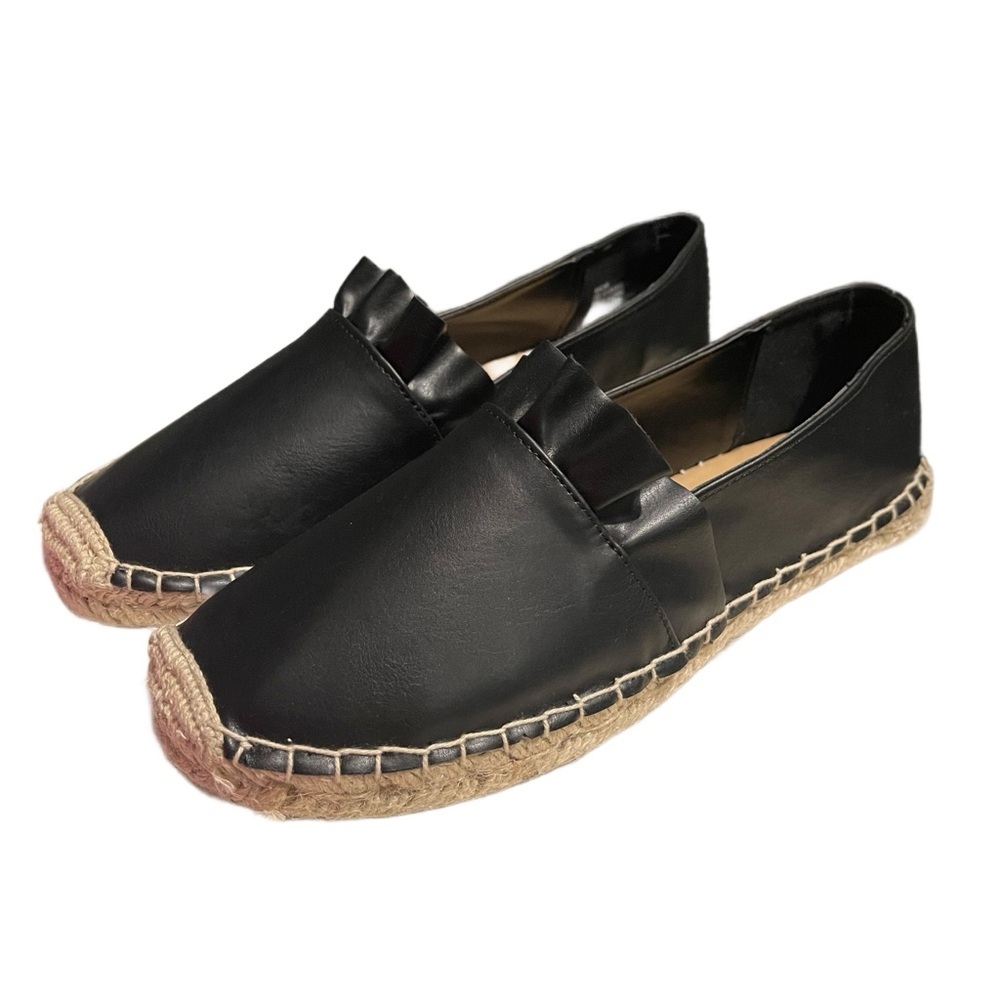 Shoe Dazzle Black Faux Leather Ruffle Espadrille Flats